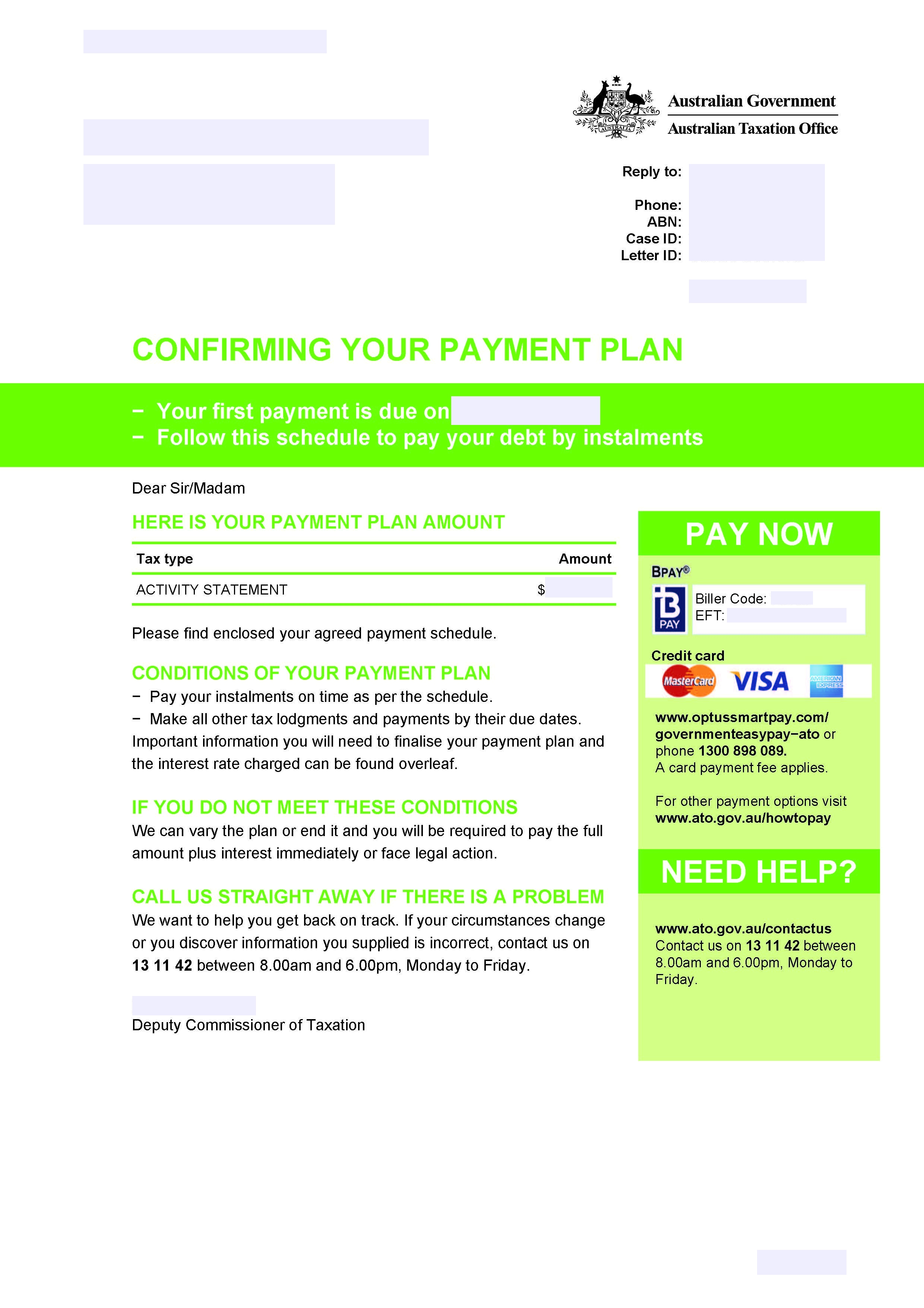 AUSTRALIAN TAXATION OFFICE (ATO) PAYMENT PLAN / ARRANGEMENT